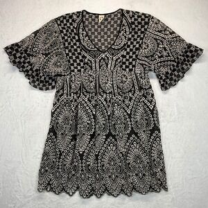 Akemi + Kin Embroidered Mini Dress Bell Sleeve Sheer Black White Size‎ 0